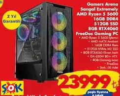 GAMERS ARENA SANGAL EXTREMELY AMD RYZEN 5 5600 16GB DDR4 512GB SSD 8GB RTX4060 FREEDOS GAMİNG PC/OYUN BİLGİSAYARI